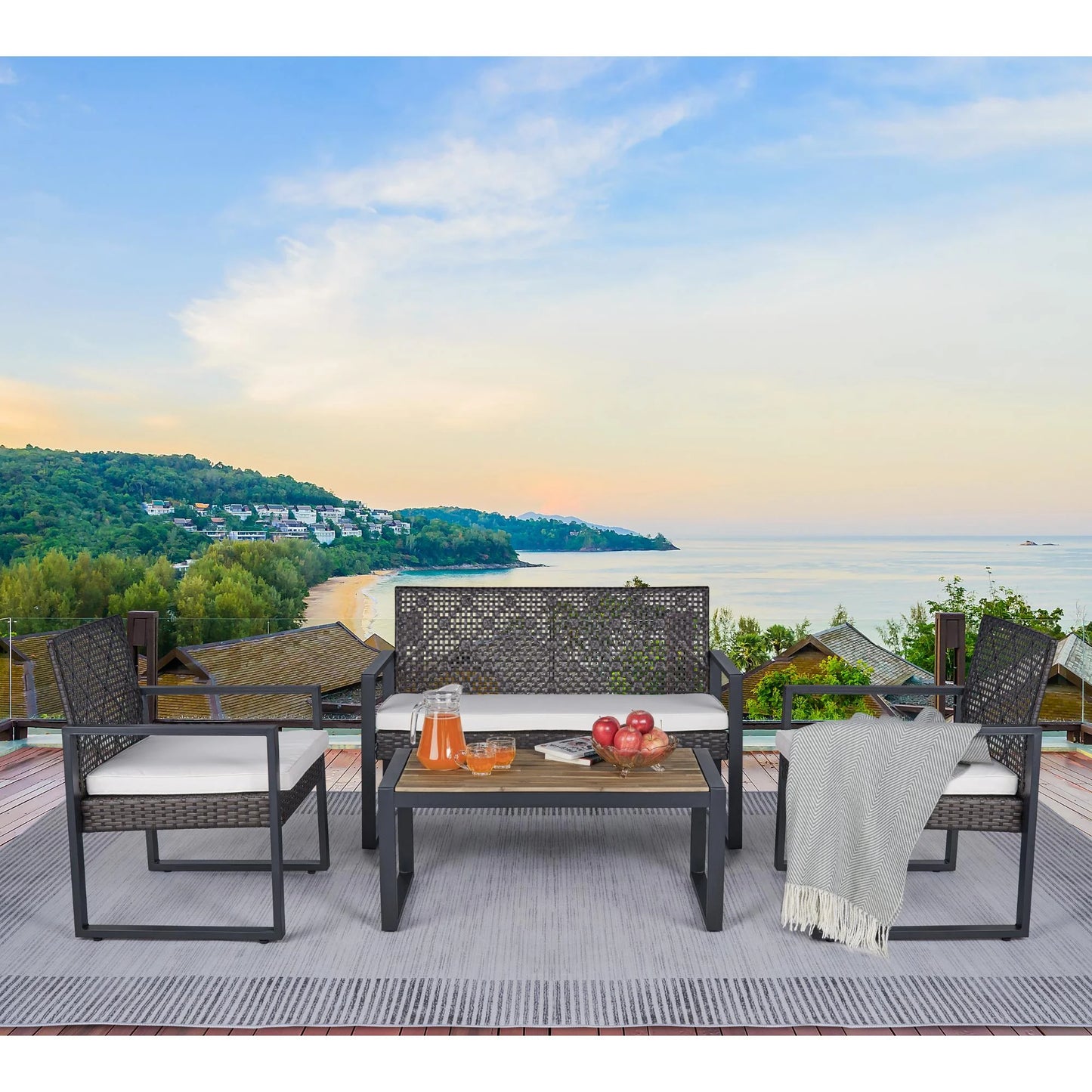 Heavy-duty Patio Furniture Set, 4 Piece Outdoor Sectional Conversation Sets, BrownPE Rattan Patio Sofa Set with Blue Cushions