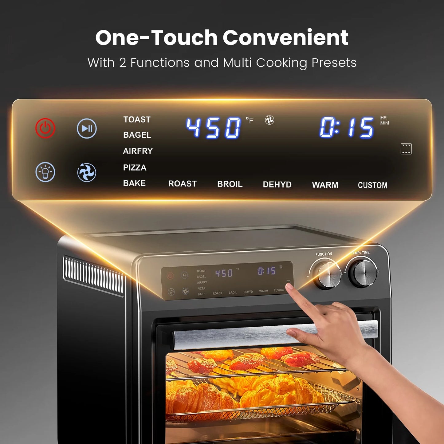 26QT Air Fryer Oven,Oil-Less Digital Touchscreen Toaster Oven with 10-in-1 Multi Function&Custom Mode, Visible Window , 1800W,Black