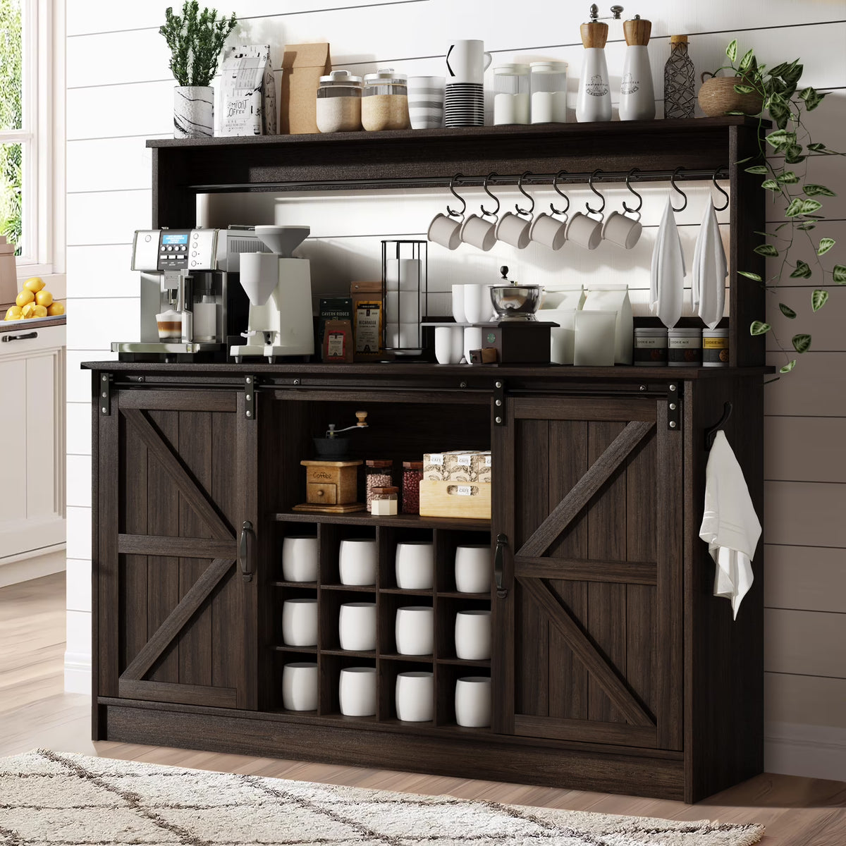 DreamCurship 55" Farmhouse Coffee Bar Cabinet, Buffet Sideboard Storage Cabinet, Wine Bar Cabinet with Wine Rack, White