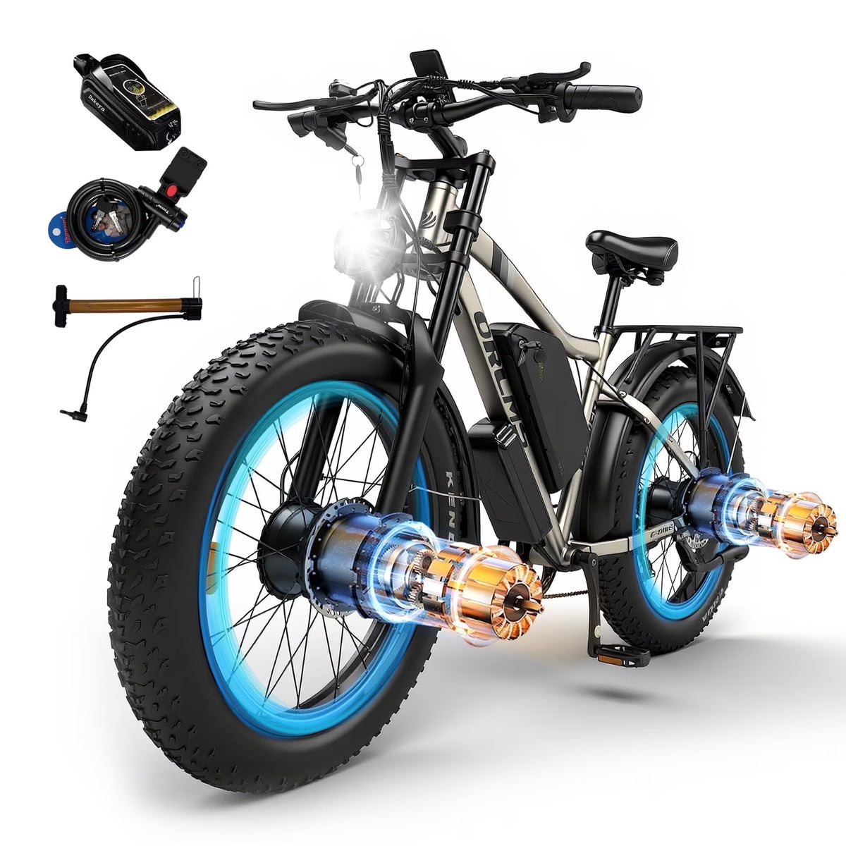 3000W Peak Dual Motor E-Bike, 52V 25AH Battery Elec-tric Bike for Adults, 35MPH Mountain AWD 7-Speed Snow E-Bike with 24" x 4.0 Fat Tire for Mountain Snow Hunting Commuting
