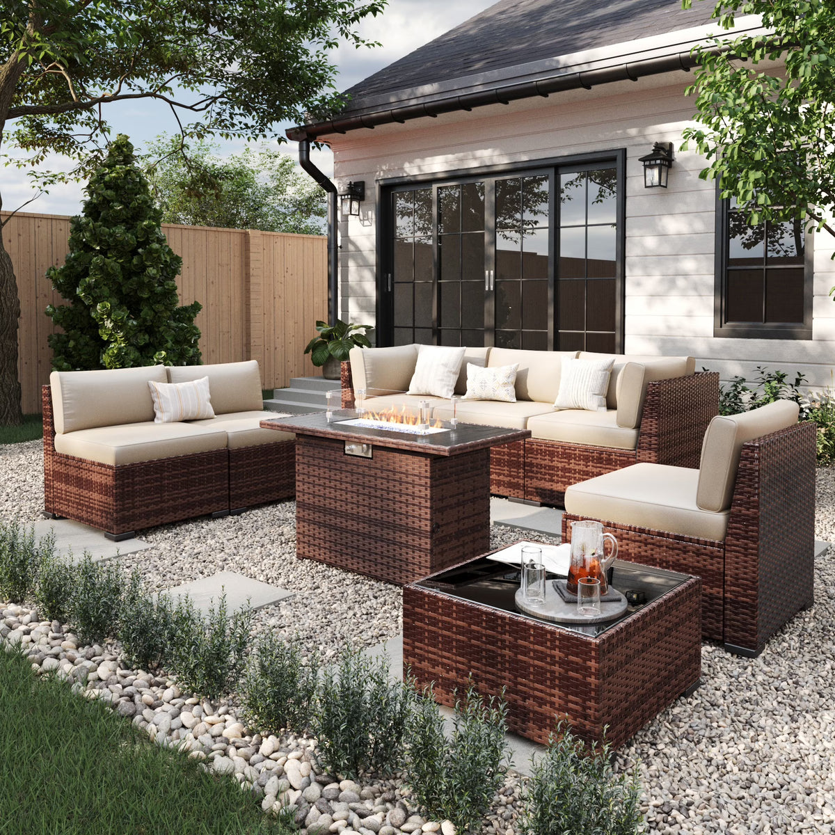 ELPOSUN 7 Pieces Patio Furniture Set, Outdoor Furniture Sectional Rattan Sofa for Backyard Garden Dark Grey