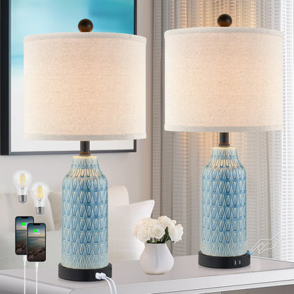 Cinkeda Table Lamp Set of 2 for Living Room Bedroom with USB Ports AC Outlet 3 Way Dimmable Touch Nightlight Farmhouse White Floral Nightstand Bedside Lamps