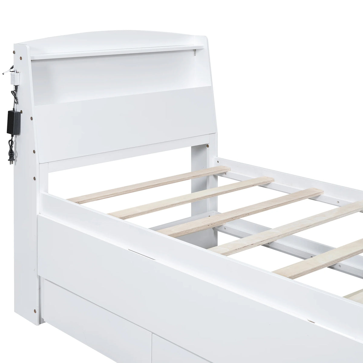 Euroco Wood Twin Size Platform Bed with Storage Headboard, Drawers Trundle and LED Light, White