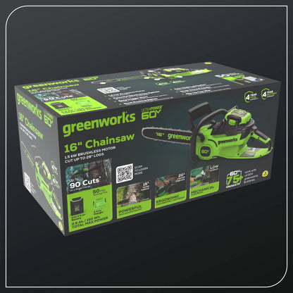 Greenworks 60V 16" 1.5kW Brushless Chainsaw with 2.5 Ah Battery & 3 Amp Charger 2028602