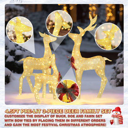 VEIKOUS Christmas Lighted Deer Family Set Outdoor Decor w/ 200 Warm Lights Reindeer Christmas Decor, Ground Stakes and Zip Ties, Gold