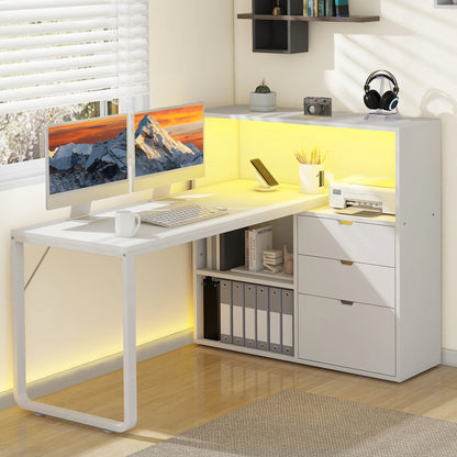 Dextrus L Shaped Desk with Power Outlets & LED Lights, Computer Desk with 3 Drawers and 3 Storage Shelves, White Office Desk Corner Desk for Home Office