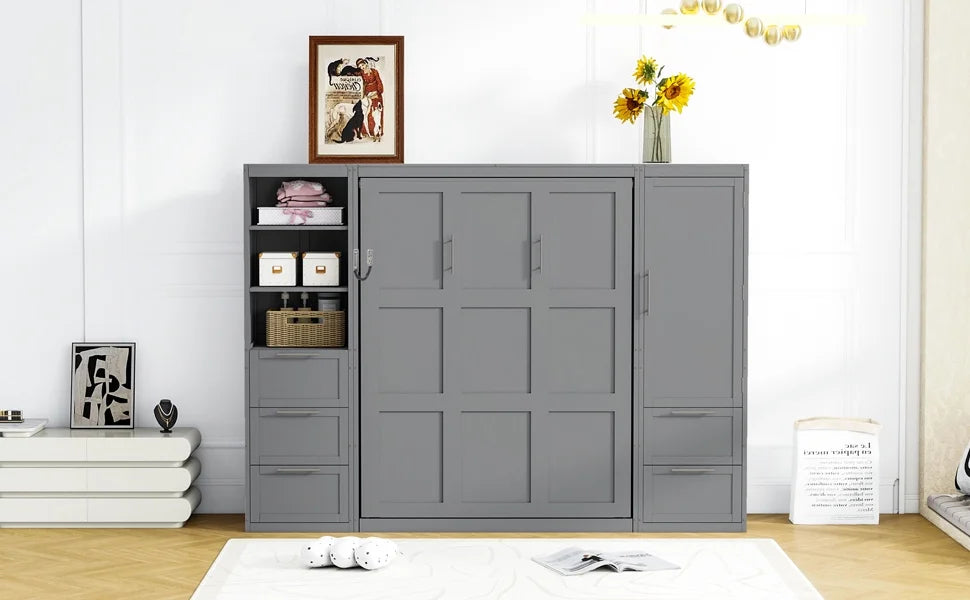Newest Queen Size Murphy Bed Wall Bed with Closet ,Drawers , Shelves,Gray
