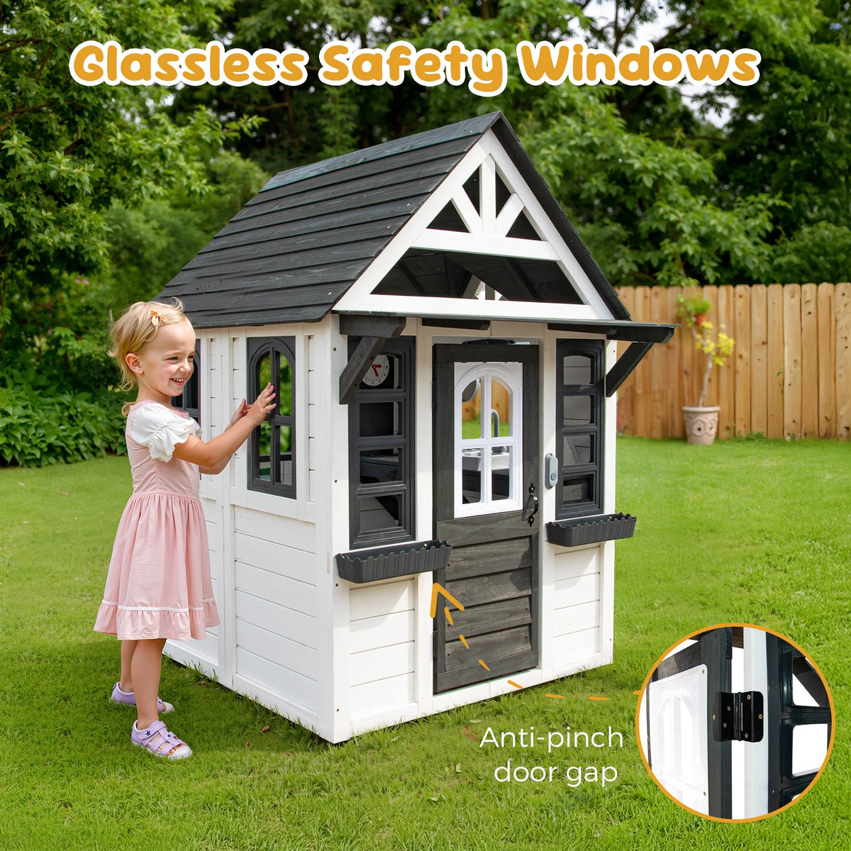 COCLUB Outdoor Playhouse for Kids Ages 4-8, Wooden Play House with Doorbell, Phone, Kitchen Toys, Outdoor Kids Play Equipment, Casa Para Ni?as (45��L x 65��H), White & Black