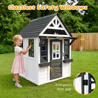 COCLUB Outdoor Playhouse for Kids Ages 4-8, Wooden Play House with Doorbell, Phone, Kitchen Toys, Outdoor Kids Play Equipment, Casa Para Ni?as (45��L x 65��H), White & Black