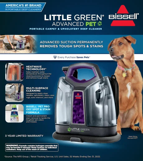 BISSELL Littlle Green ProHeat Advanced Pet Portable Deep Cleaning, for Carpet, Upholstery, and Auto, tough stain removal, Heatwave Technology, Lightweight, 2513W
