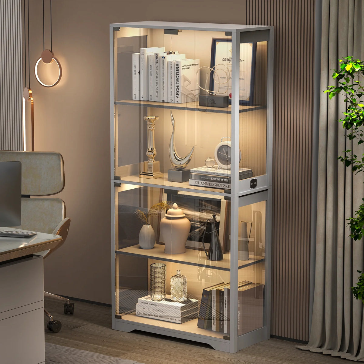 MIIFUNY Display Cabinet with Glass Doors 4 Tier Curio Cabinet & Bookshelf with LED, White