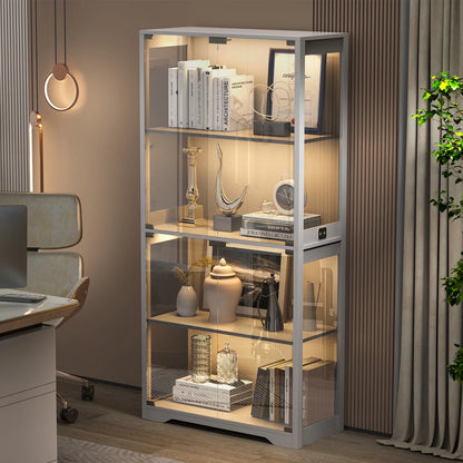 MIIFUNY Display Cabinet with Glass Doors 4 Tier Curio Cabinet & Bookshelf with LED, White