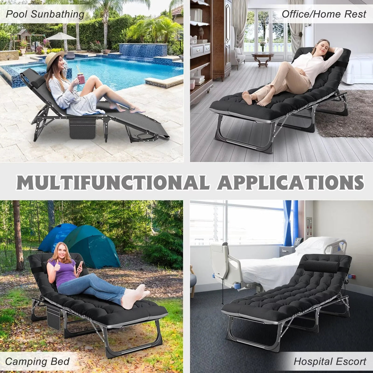 MOPHOTO Lounge Chair with Mattress, Outdoor Chaise Lounge Support 440 Lbs, Adjustable Portable Heavy Duty Sleeping Cots Bed for Camping, Pool, Beach, Patio