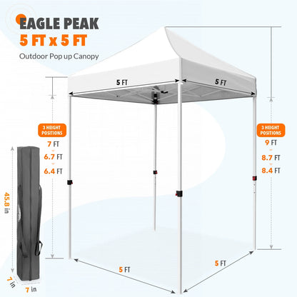 EAGLE PEAK 5x5 Pop Up Canopy Tent Instant Outdoor Canopy Easy Set-up Straight Leg Folding Shelter（Blue）