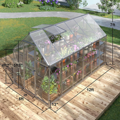 Jocisland 8x8x7 FT Polycarbonate Walk-In Greenhouse with Aluminum Frame, 2 Top-Opening Windows & 2 Swing Doors, Heavy Duty for Outdoor Garden Use, Black