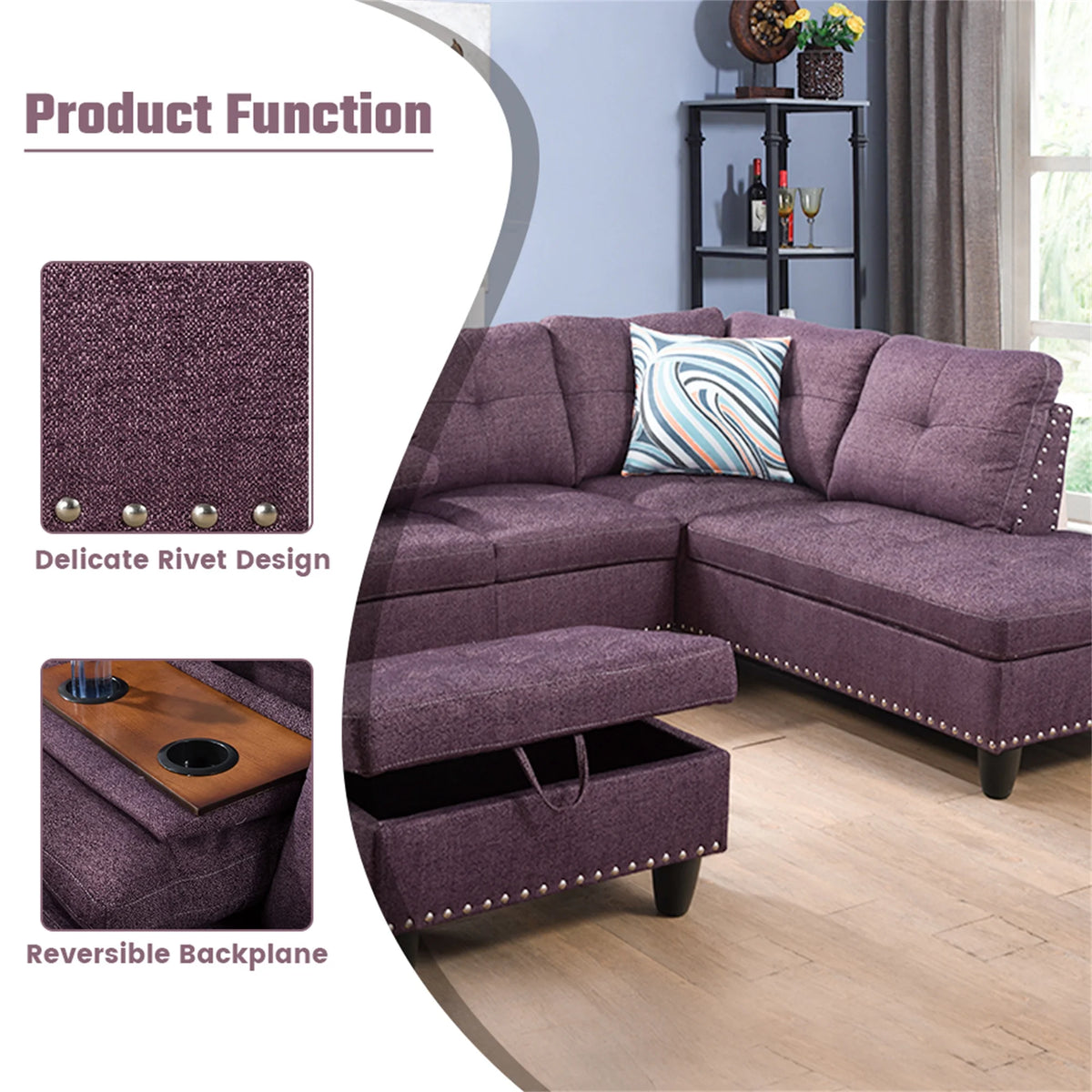 Aukfa 3 Piece Sectional Sofa, Living Room Couch with Storage Ottoman&Cup Holder, Linen, Right Hand, Purple