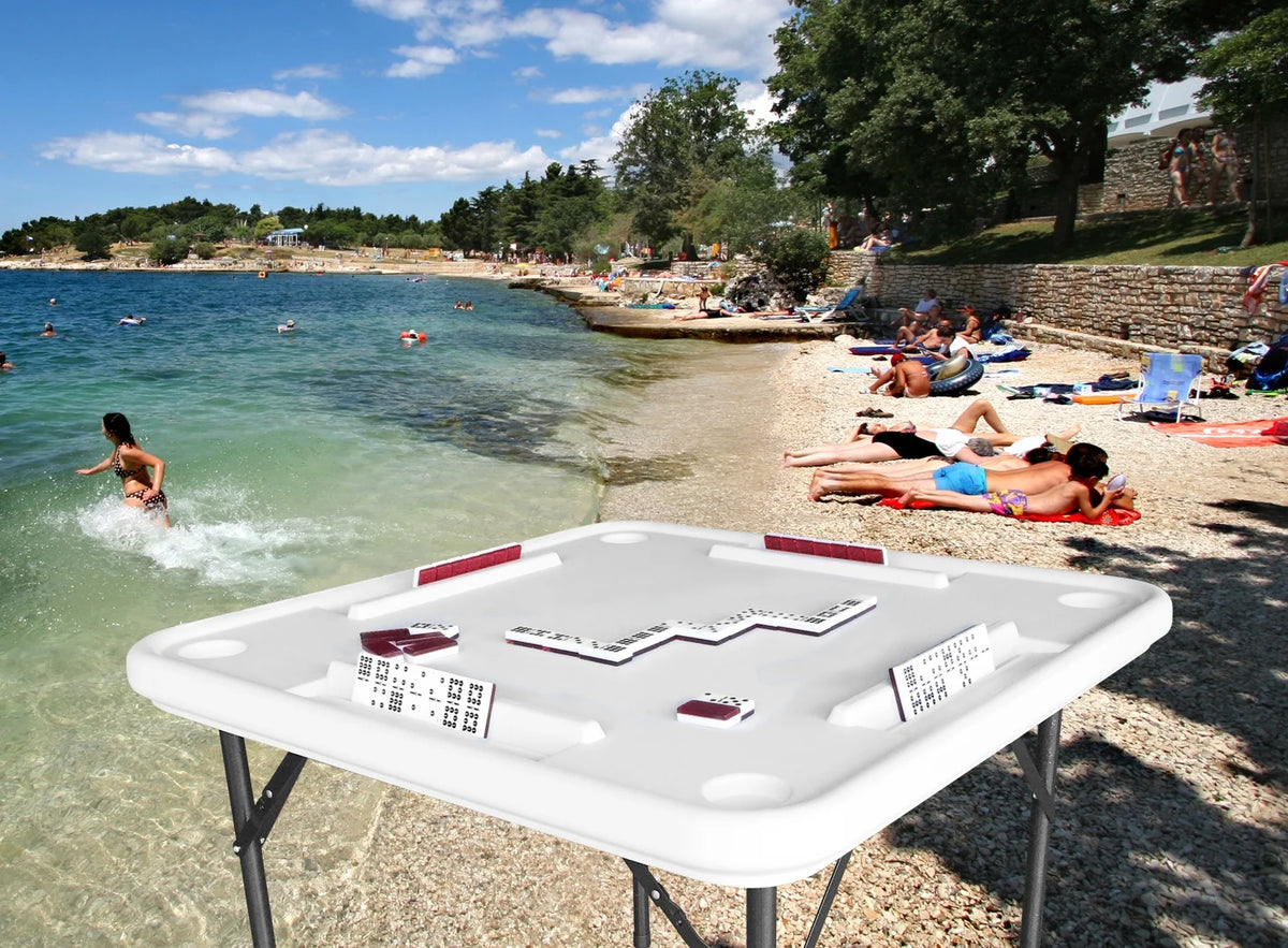 Bene Casa Foldable Domino Table with Built-In Drink Holders, 38�� x 38��, White