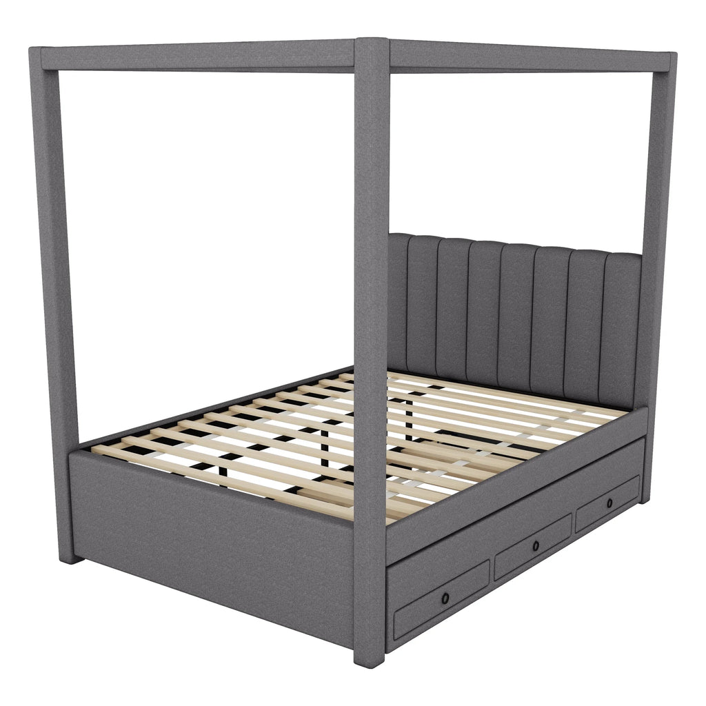 EUROCO Upholstered Full Size Canopy Bed Frame with Trundle Bed and 3 Drawers, Platform Bed with Headboard for Kids Teens Adults, Beige