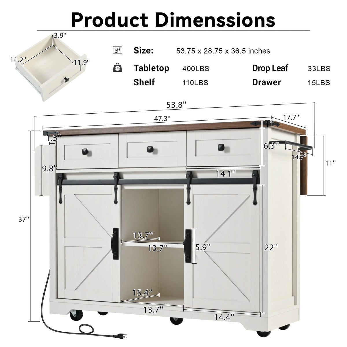 Homy Casa Farmhouse 53.7" Kitchen Island with Storage Cabinet, Sliding Barn Doors, and Wheels, White Oak