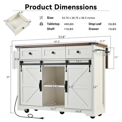 Homy Casa Farmhouse 53.7" Kitchen Island with Storage Cabinet, Sliding Barn Doors, and Wheels, White Oak