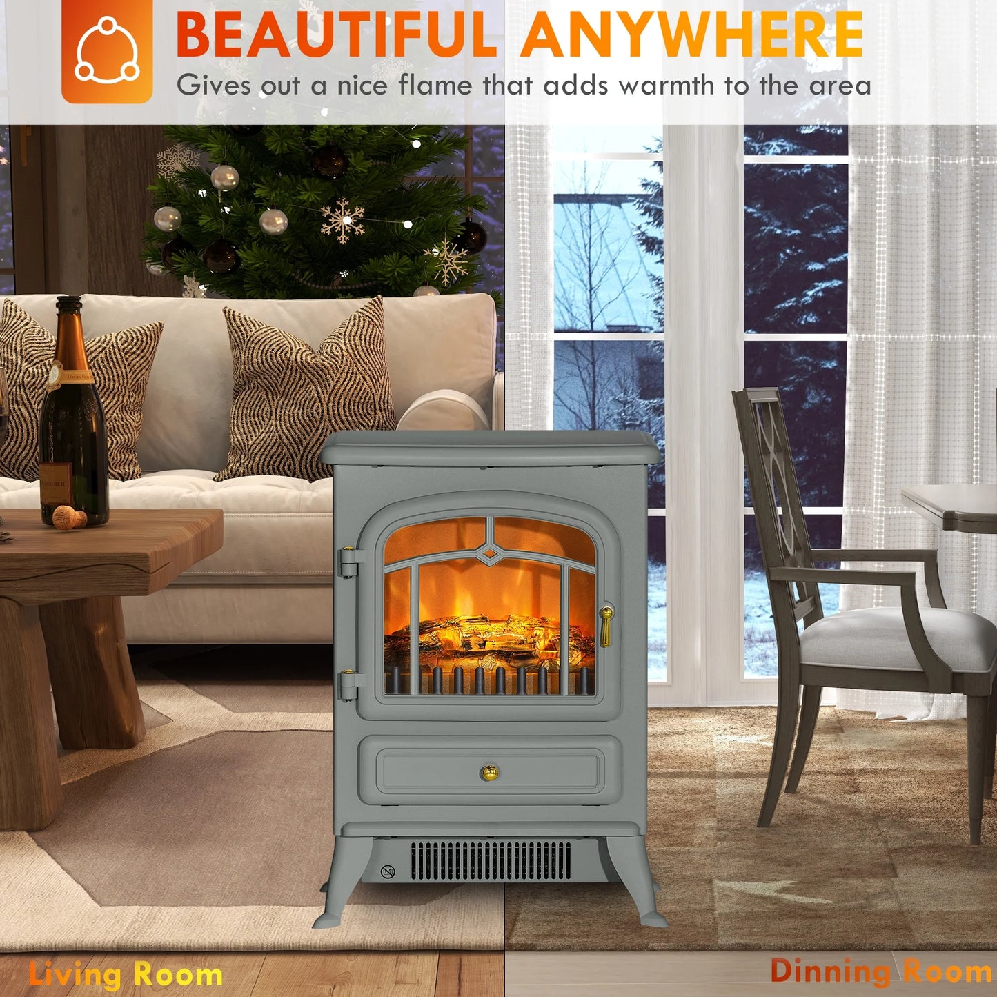 HOMCOM Electric Fireplace Heater with Realistic LED Flames Beige