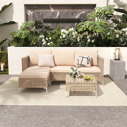 3 Piece Patio Furniture Set with Chaise Longue & Coffee Table, Outdoor Wicker Conversation Set for Patio, Porch, Backyard - All-Weather Yellow/Beige Cushions (Waterproof & Fade-Resistant)