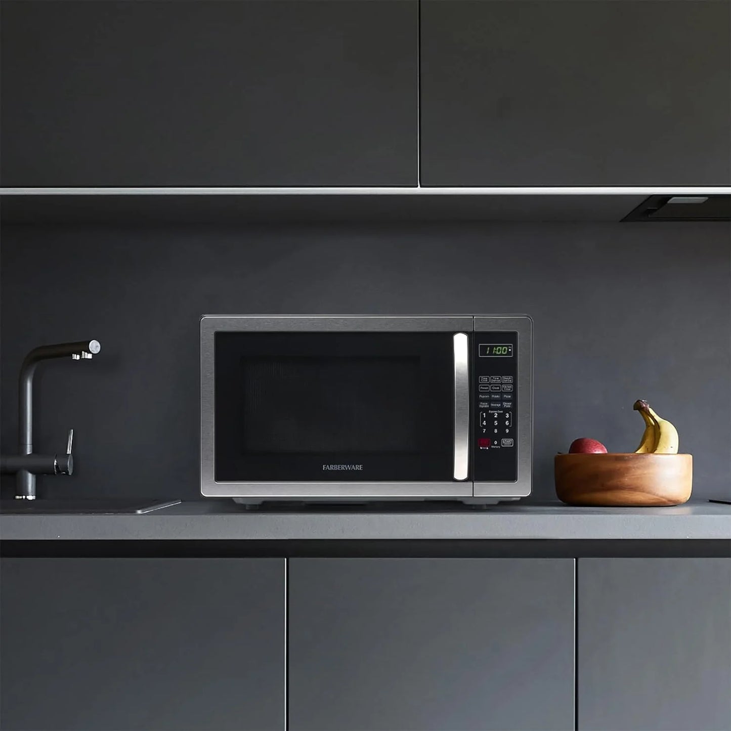 Farberware Stainless Steel Countertop Microwave Oven with Child Lock, 1.1 Cu Ft Black Stainless