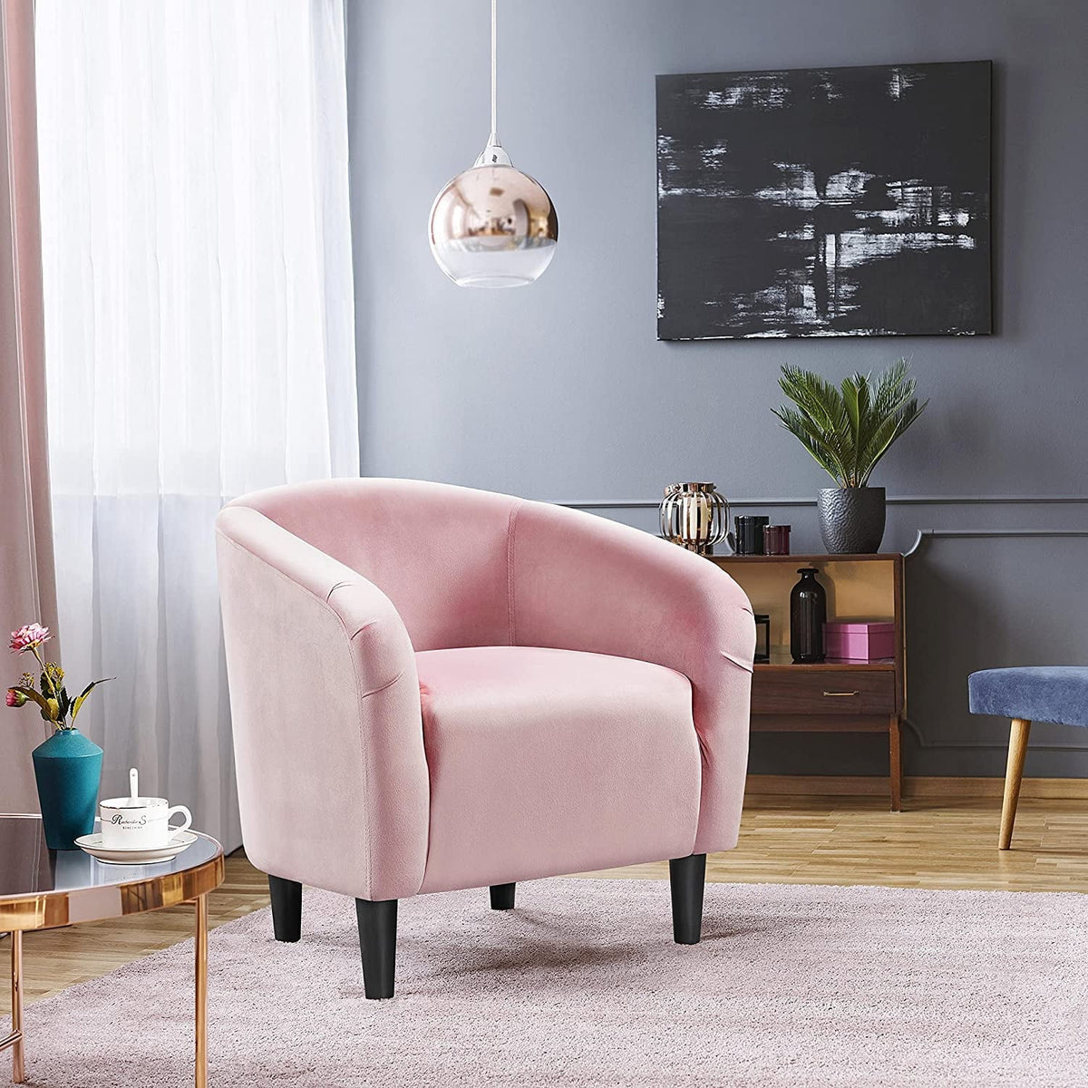Club Chair, Velvet Accent Chair Upholstered Barrel Chair Sitting Chair with Armrest and Low Back for Living Room Bedroom, Pink