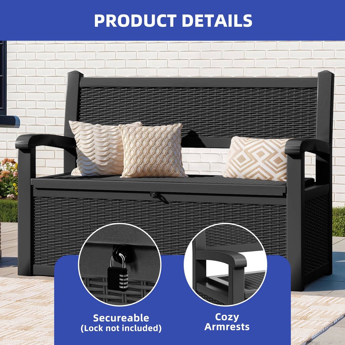 ModFusion 70-Gallon Outdoor Resin Storage Cabinet with Rattan Backrest �C Waterproof Patio Bench Seat, 500 lbs Capacity, Black