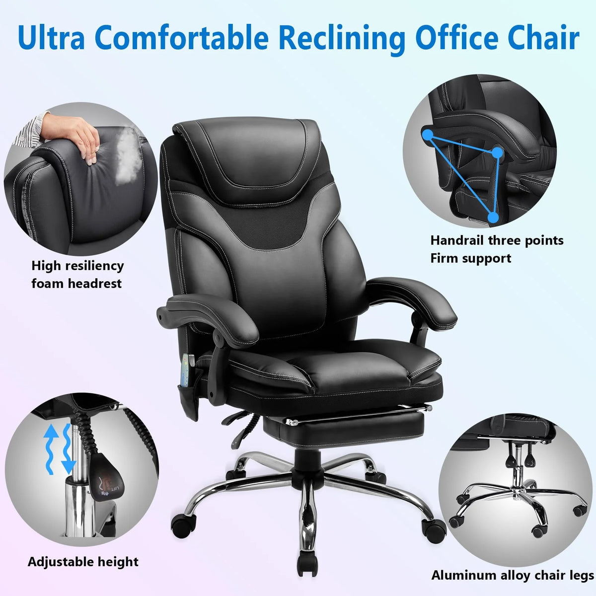 Massage Office Chair, Reclining Office Chair with Footrest, Ergonomic Office Chair with Lumbar Support, High Back Executive Office Chair, Height and Armrest Adjustable, 300lb Capacity