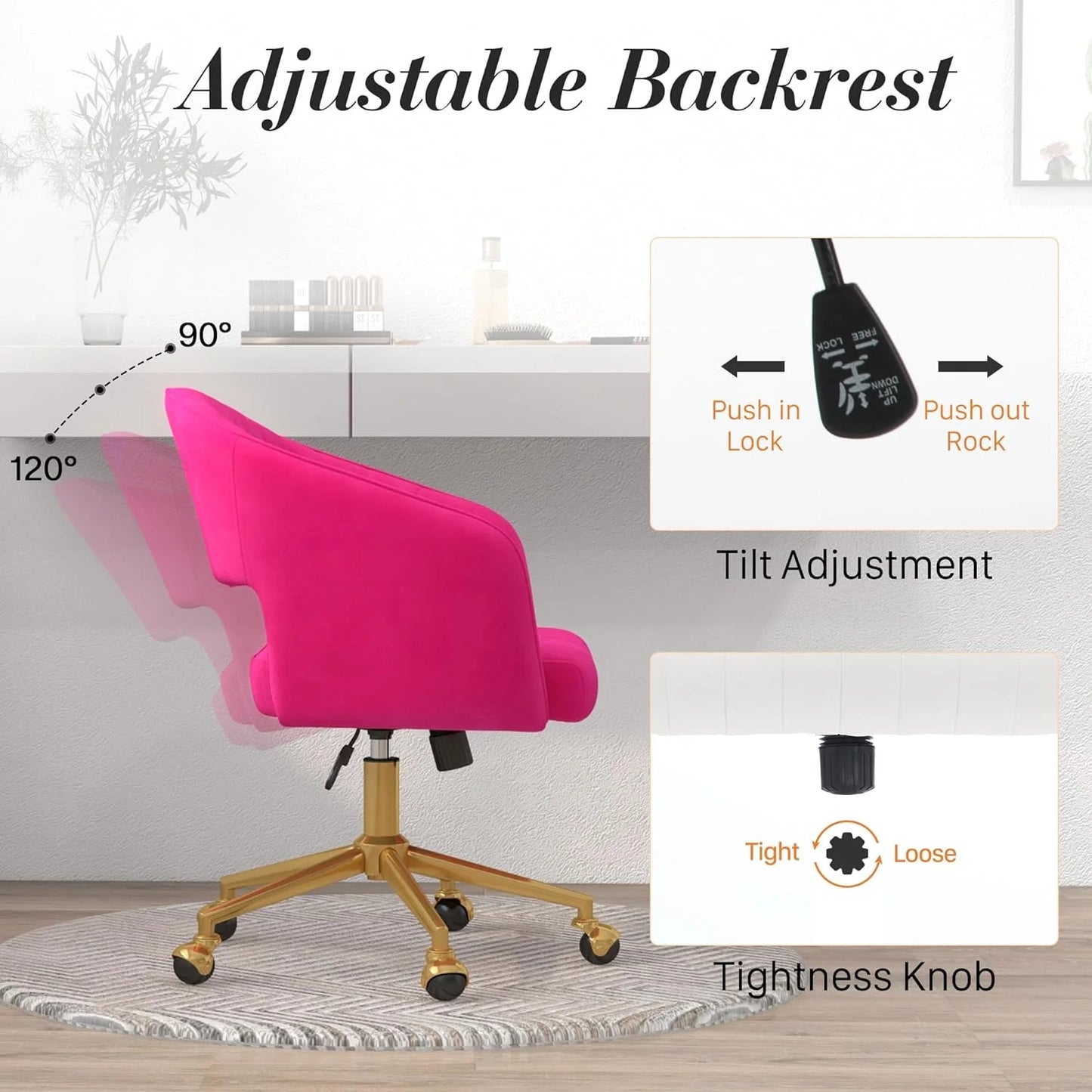 Home Office Swivel Desk Chair, Modern Velvet Vanity Chair, Height Adjustable Armchair with Gold Base, Ergonomic Office Chair for Task Study Computer Room, Beige