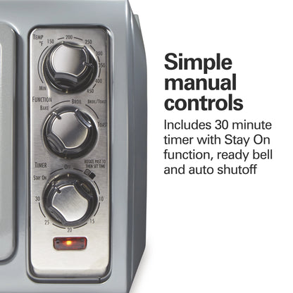 Hamilton Beach 6 Slice Countertop Toaster Oven with Easy Reach Roll-Top Door, Bake, Broil & Toast Functions, Silver