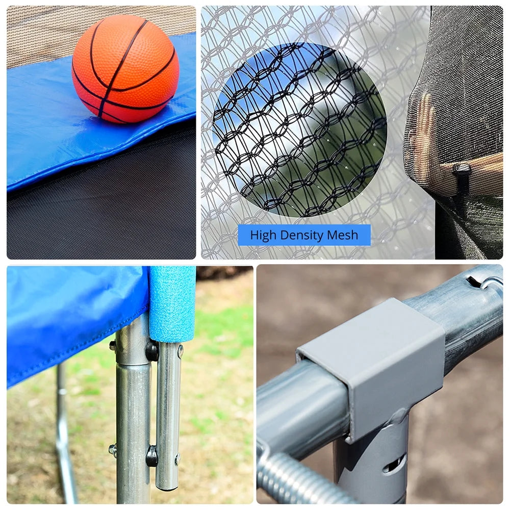 8FT Kids Recreational Trampoline with Basketball Hoop, Enclosure Net and 2 Steps Ladder for Indoor, Outdoor and Backyard, Blue