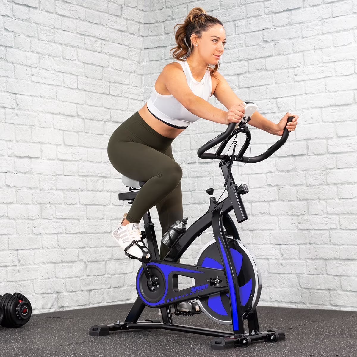 XtremepowerUS Stationary Exercise Bicycle Bike Cycling Cardio Health Workout Fitness with Bottle Holder Heart Pulse, Blue