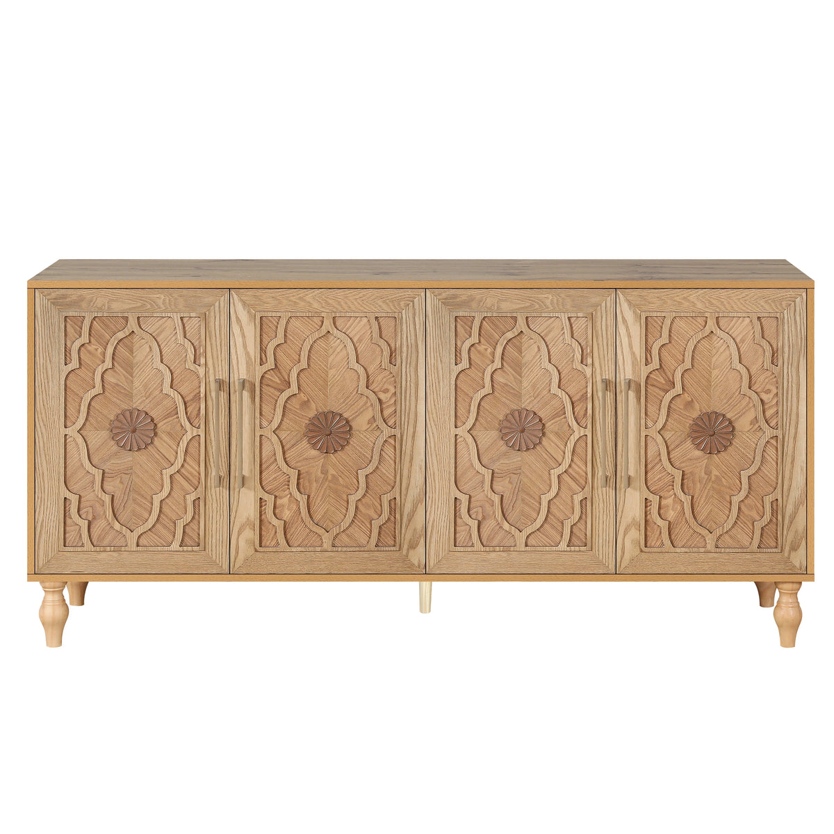 Aukfa 63" Large Accent Storage Cabinet TV Stand with Carved Door for Living Room,Entryway,Natural