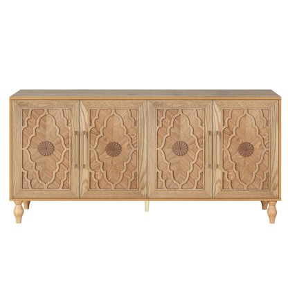Aukfa 63" Large Accent Storage Cabinet TV Stand with Carved Door for Living Room,Entryway,Natural