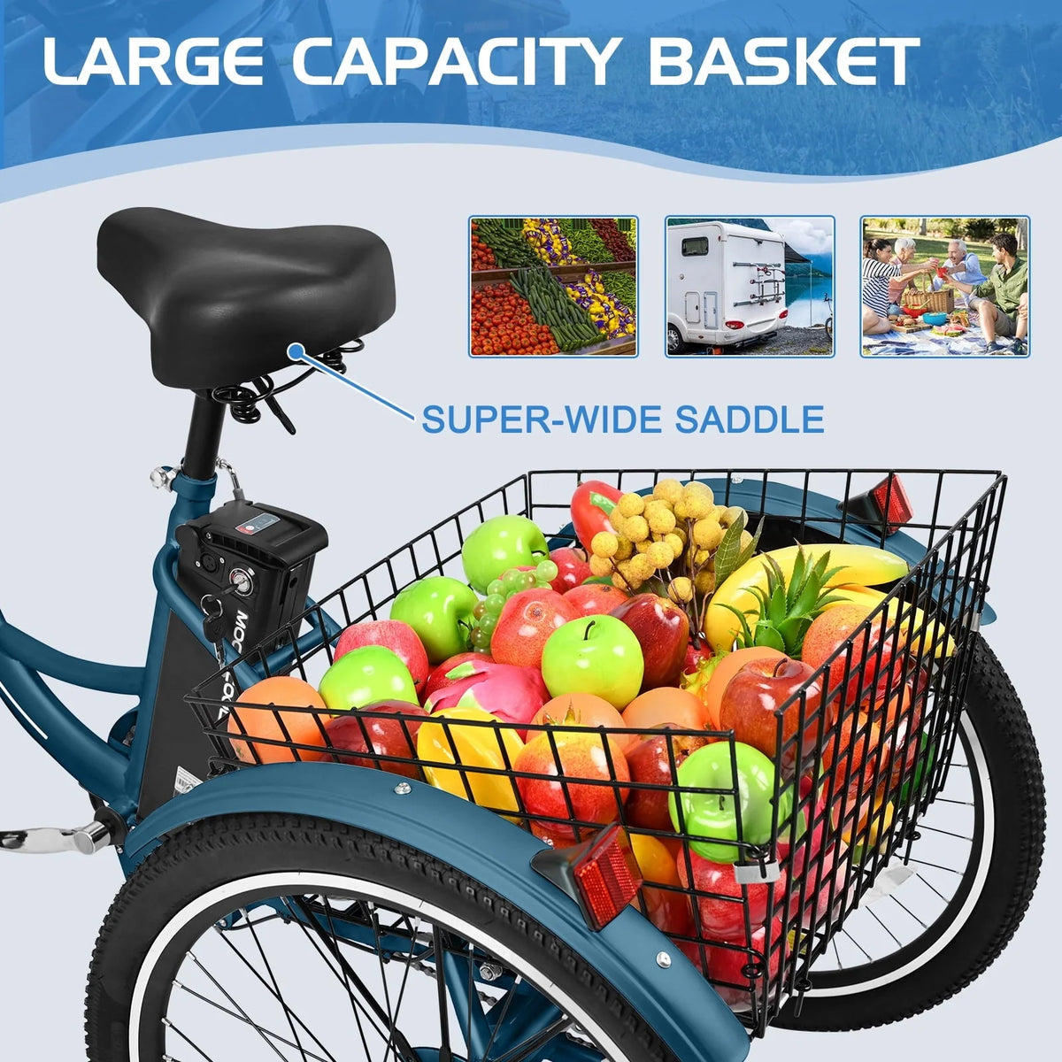 Mooncool 24" 26" 3 Wheel Electric Tricycle for Adults, 350W 36V 7 Speeds Motorized Electric Trike Three Wheel Electric Bikes Bicycle with Large Basket for Women Men