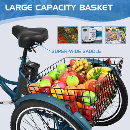 Mooncool 24" 26" 3 Wheel Electric Tricycle for Adults, 350W 36V 7 Speeds Motorized Electric Trike Three Wheel Electric Bikes Bicycle with Large Basket for Women Men