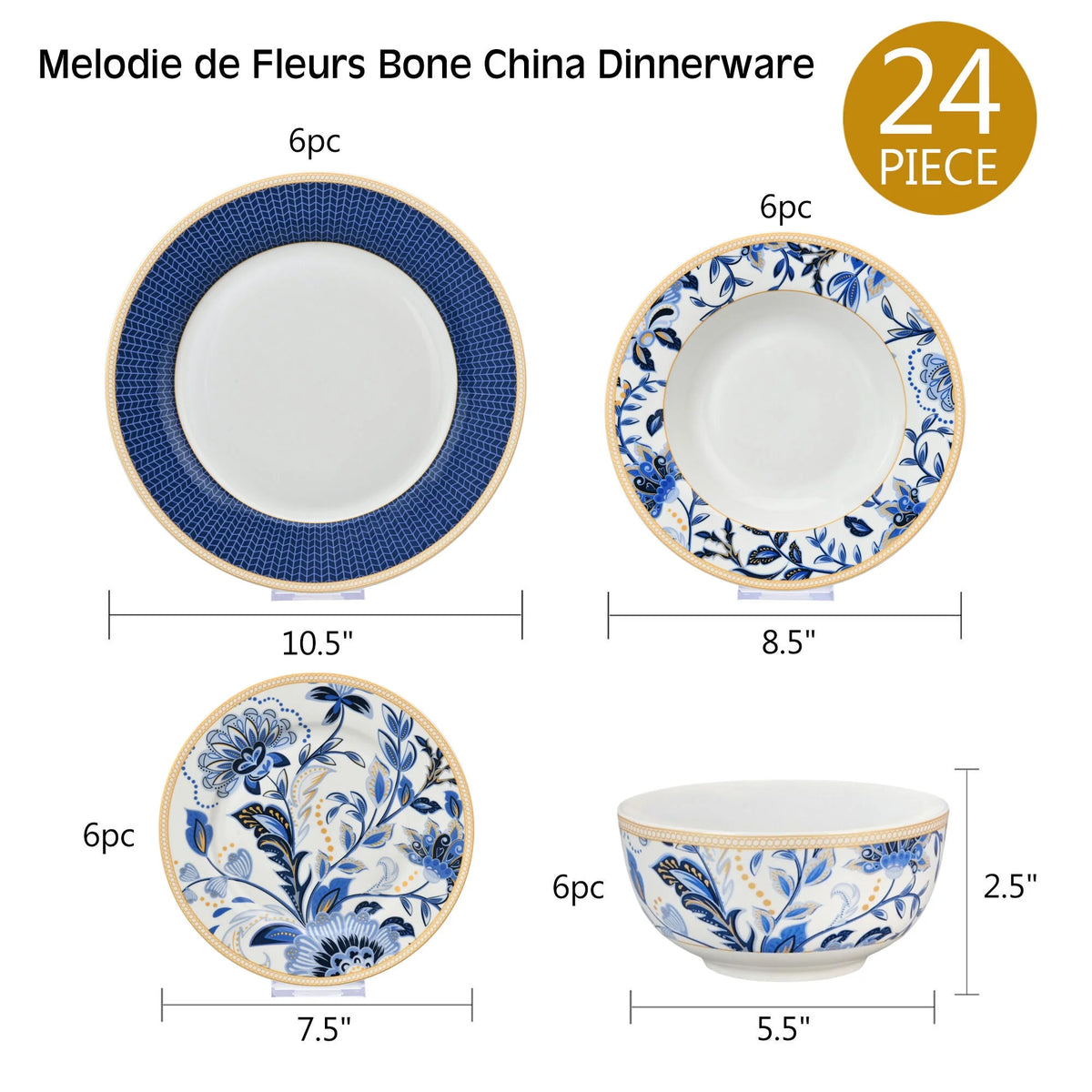 STP GOODS Melodie de Fleurs Bone China Dinnerware Set of 24 Service for 6 24-Piece Dish Set of Plates and Bowls, Blue Gold White