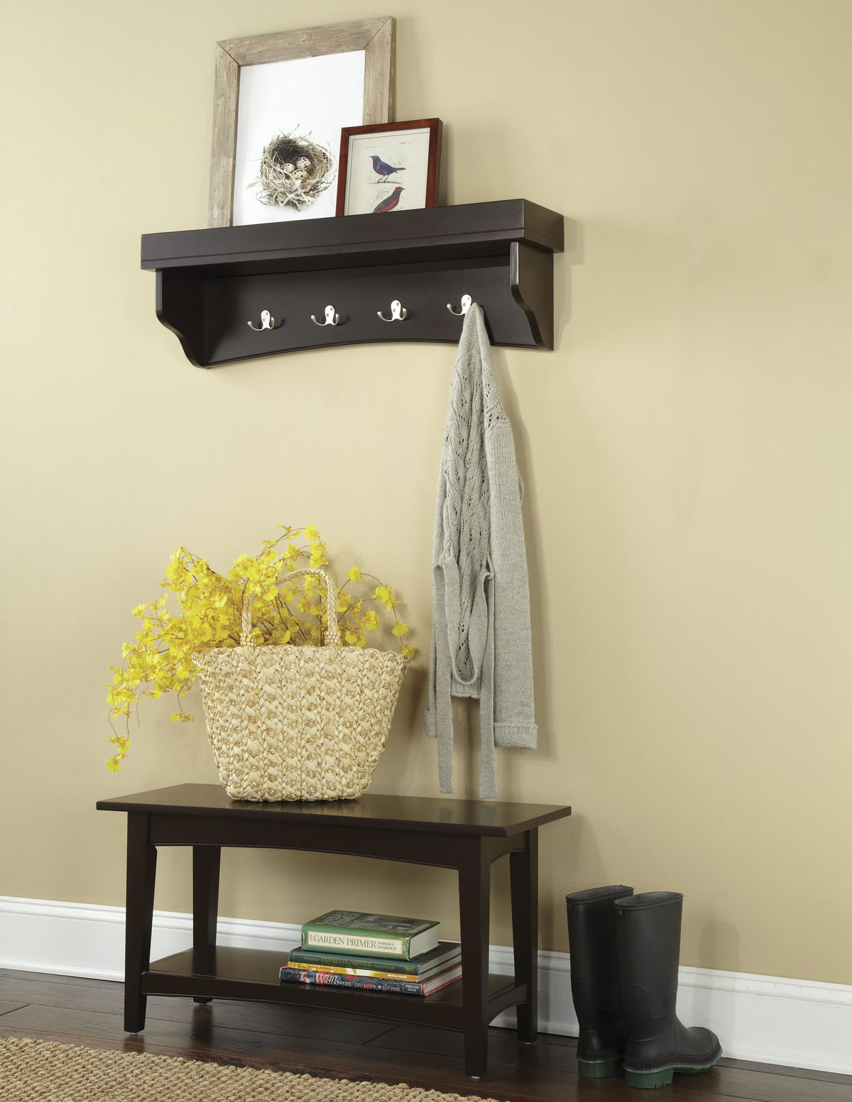 Alaterre Shaker Cottage Bench/Coat Hooks with Tray, Chocolate