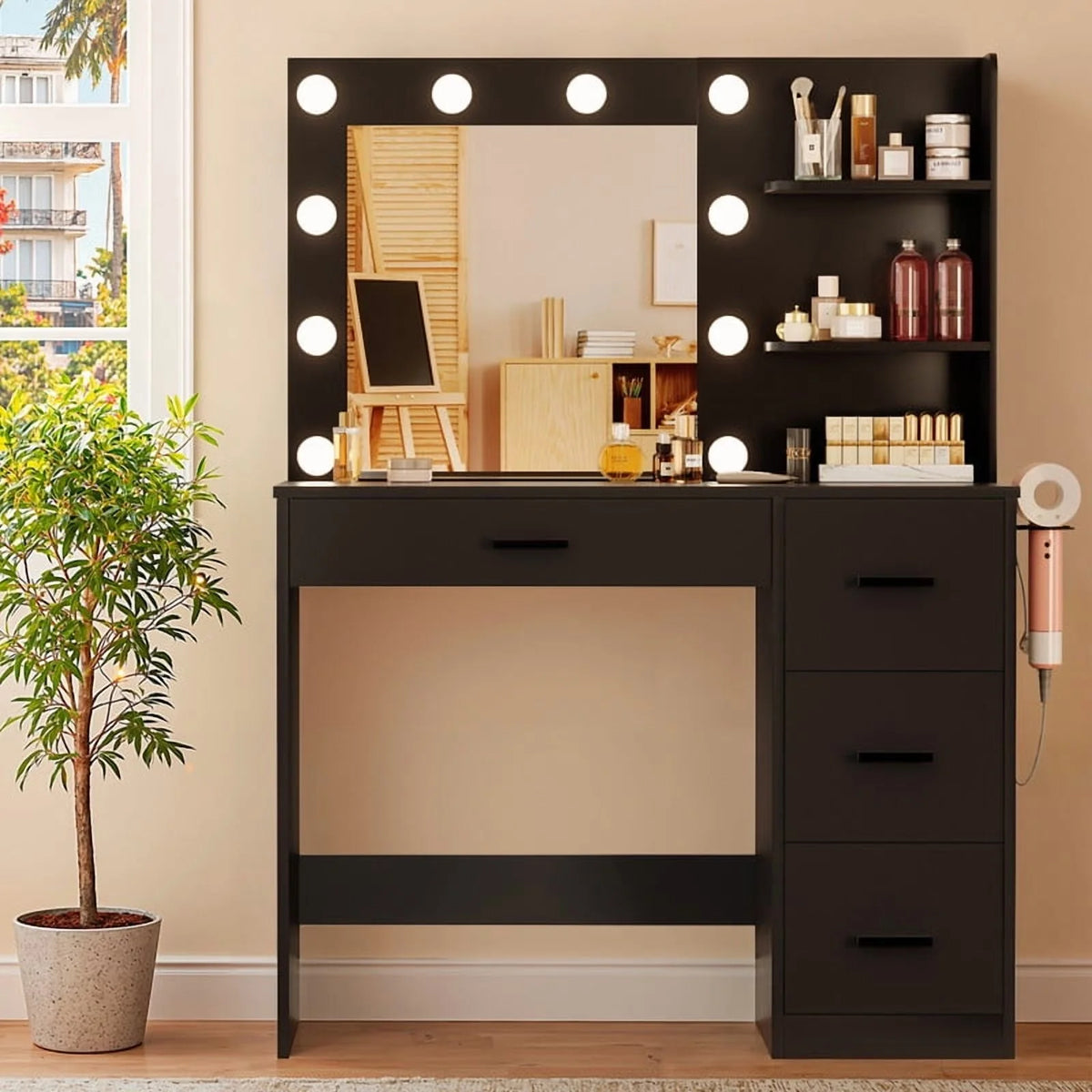 Lacoo Vanity Desk with Mirror and LED Lights, Makeup Vanity with 7 Drawers & 4 Shelves, Vanity Table with Power Outlet for Bedroom Dressing Room, White