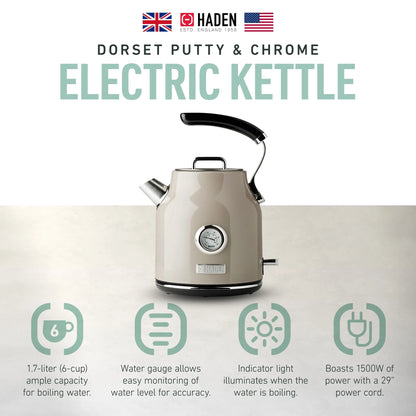 Haden Dorset 1.7 Liter Electric Water Kettle with Base, Putty & Chrome