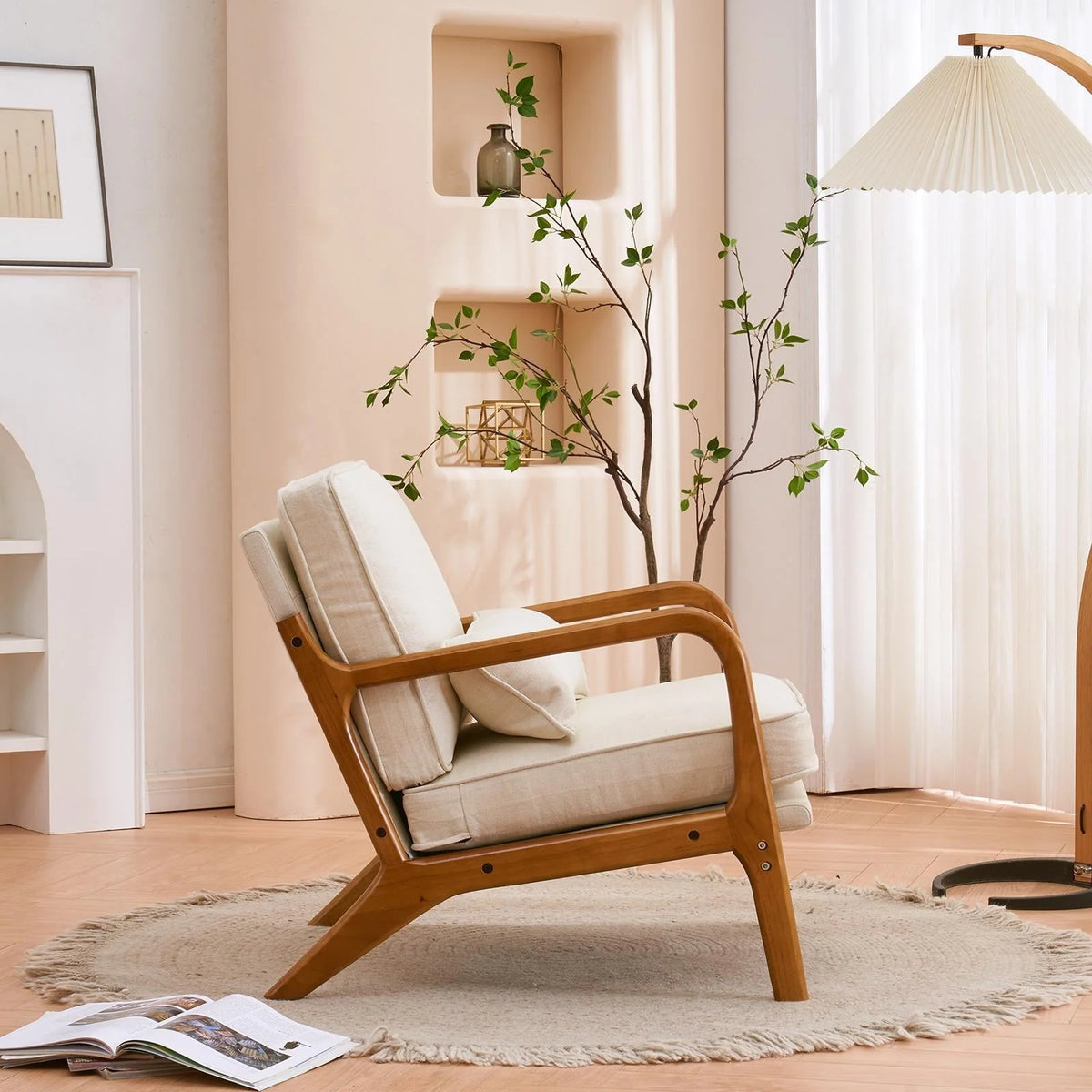 UBesGoo Modern Arm Chair Linen Fabric Upholstered Comfy Reading Accent Chair with Solid Wood Frame Beige