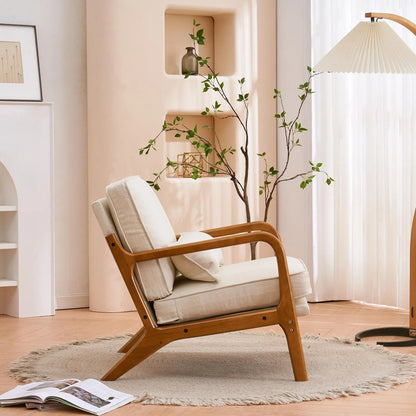 UBesGoo Modern Arm Chair Linen Fabric Upholstered Comfy Reading Accent Chair with Solid Wood Frame Beige