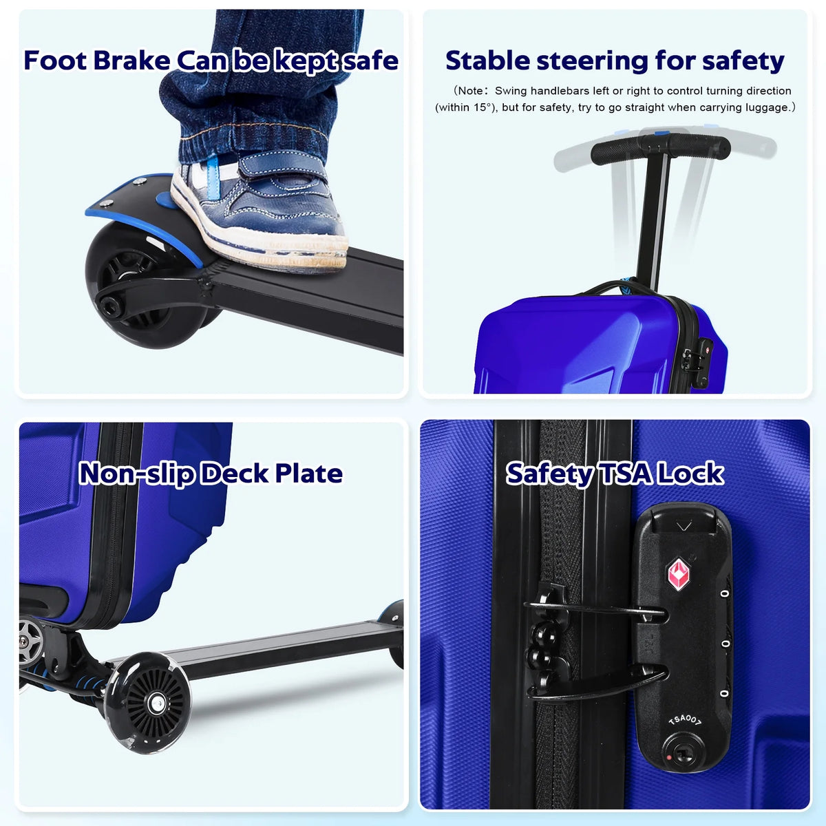 Advwin Scooter Suitcase for Kids & Adults, 3-D Hardshell Ride On Scooter Luggage with LED Light Up Wheels, TSA Lock, Lightweight Foldable Carry On Rideable Suitcase for Children Teenagers, Silver
