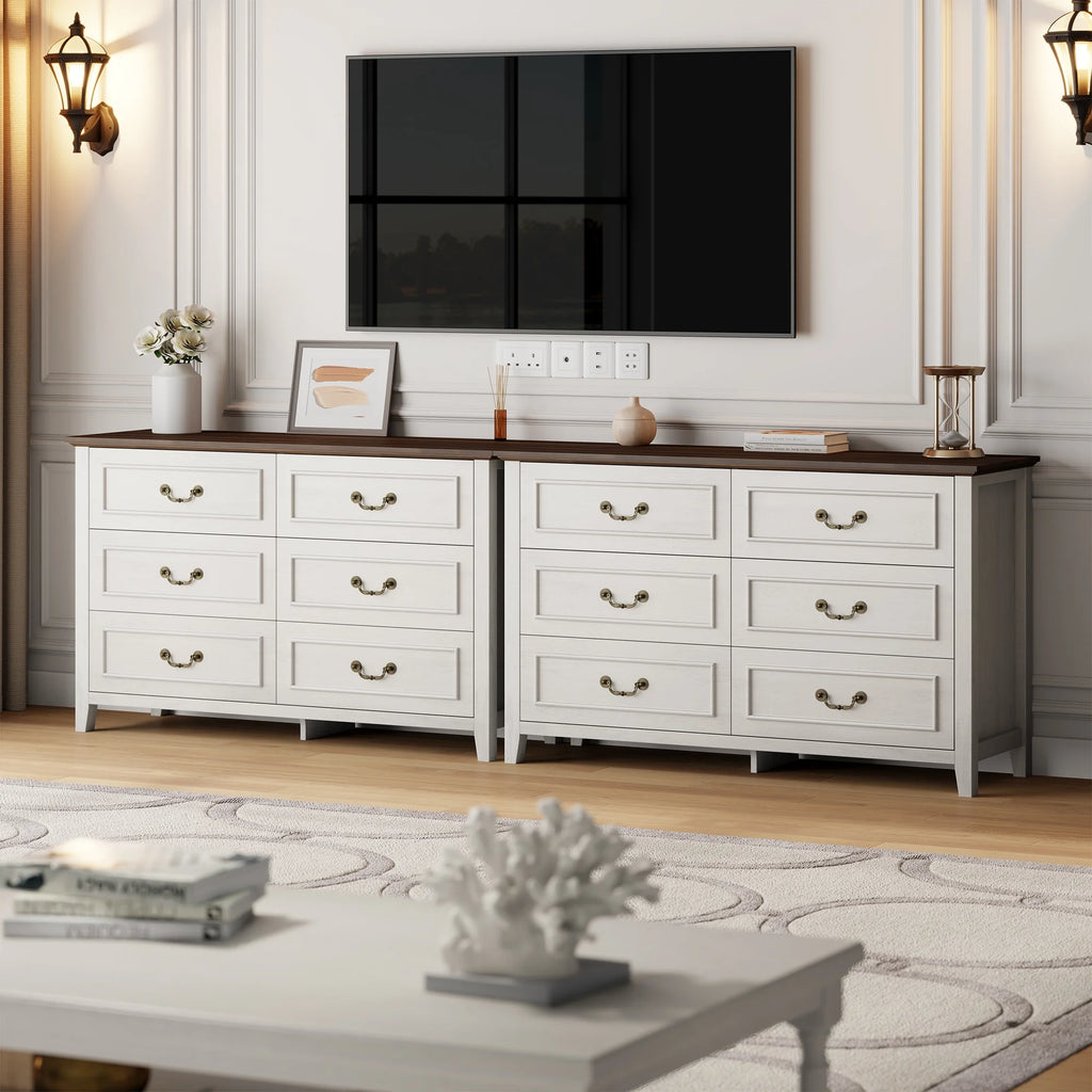 LainTene Dresser for Bedroom, Farmhouse White Dresser with Antique Handles, Vintage 6 Drawers Dresser, Chest of Drawers Storage Cabinet for Living Room, Entryway