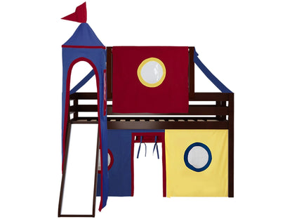 JACKPOT! Castle Low Loft Bed with Slide, Red Yellow and Blue Tent and Tower, Twin, Cherry