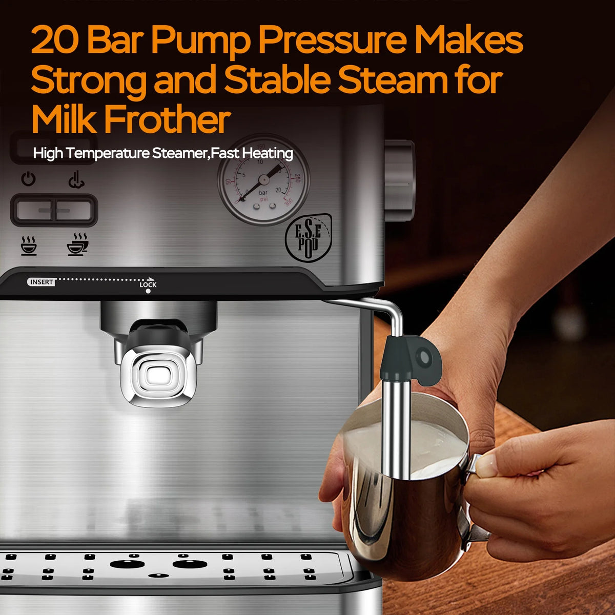 Plum Chef Espresso Machine, 20 Bar Coffee Maker with Foaming Milk Frother Wand, Espresso & Cappuccino Latte Maker Coffee Machine, 850W, 1.6L Removable Water Tank, Black&Silver