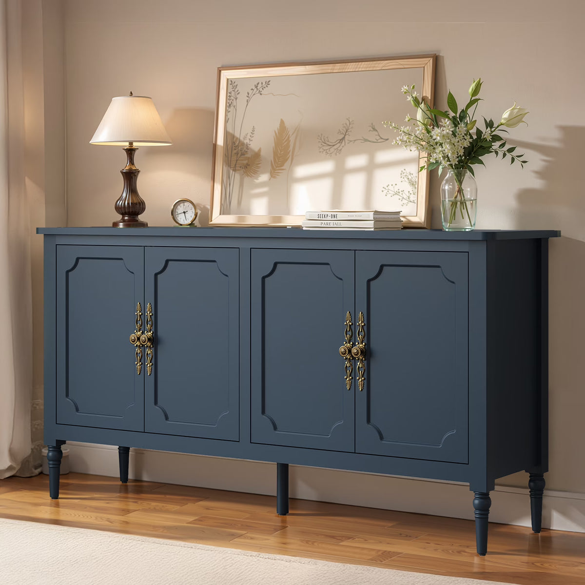 May in Color Console Cabinet, 58'' Wood Sideboard Buffet Cabinet with Storage & 4 Doors, Mid Century Modern Pantry Cabinet for Entryway, Living Room, Bedroom, Dining Room, Green