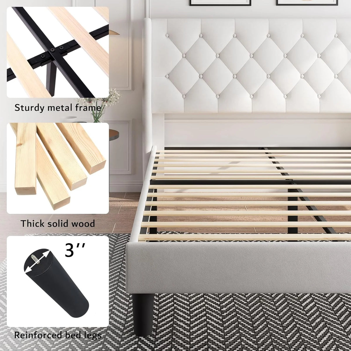 iPormis Full Size Bed Frame with Diamond Button Tufted Wingback Headboard, Upholstered Platform Bed Frame with Strong Wood Slat Support, No Box Spring Needed,Black